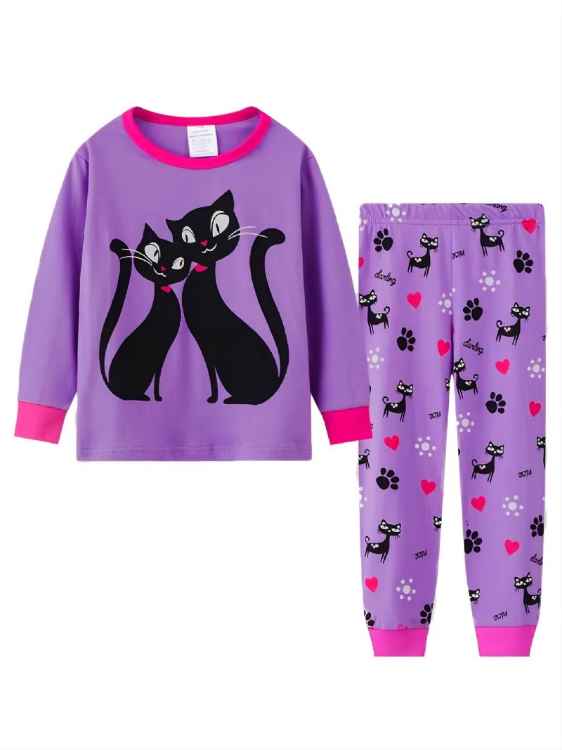 2kpl Tyttöjen Casual Sarjakuva Söpö Musta Kissa Crew Kaula Eriväriset Puuvilla Pyjama-setit