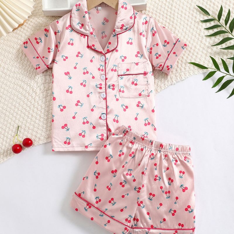 2kpl Tyttöjen Cherry Print Satin Lapel Neck Pyjama Set