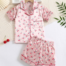 2kpl Tyttöjen Cherry Print Satin Lapel Neck Pyjama Set