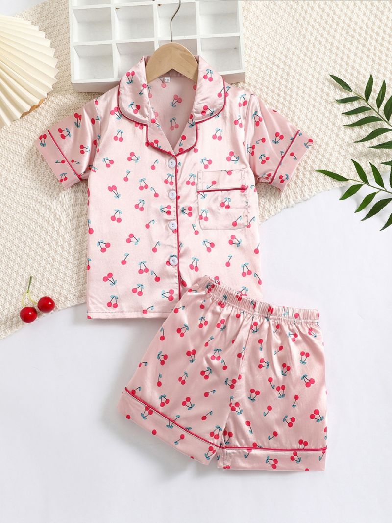 2kpl Tyttöjen Cherry Print Satin Lapel Neck Pyjama Set