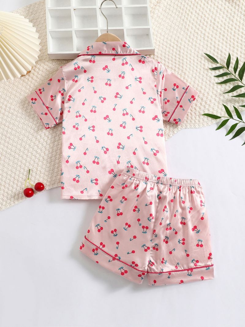 2kpl Tyttöjen Cherry Print Satin Lapel Neck Pyjama Set
