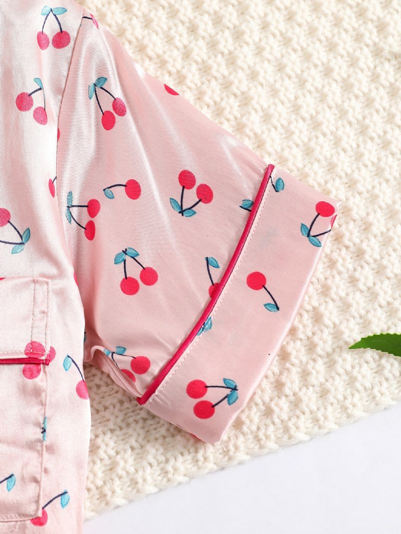 2kpl Tyttöjen Cherry Print Satin Lapel Neck Pyjama Set