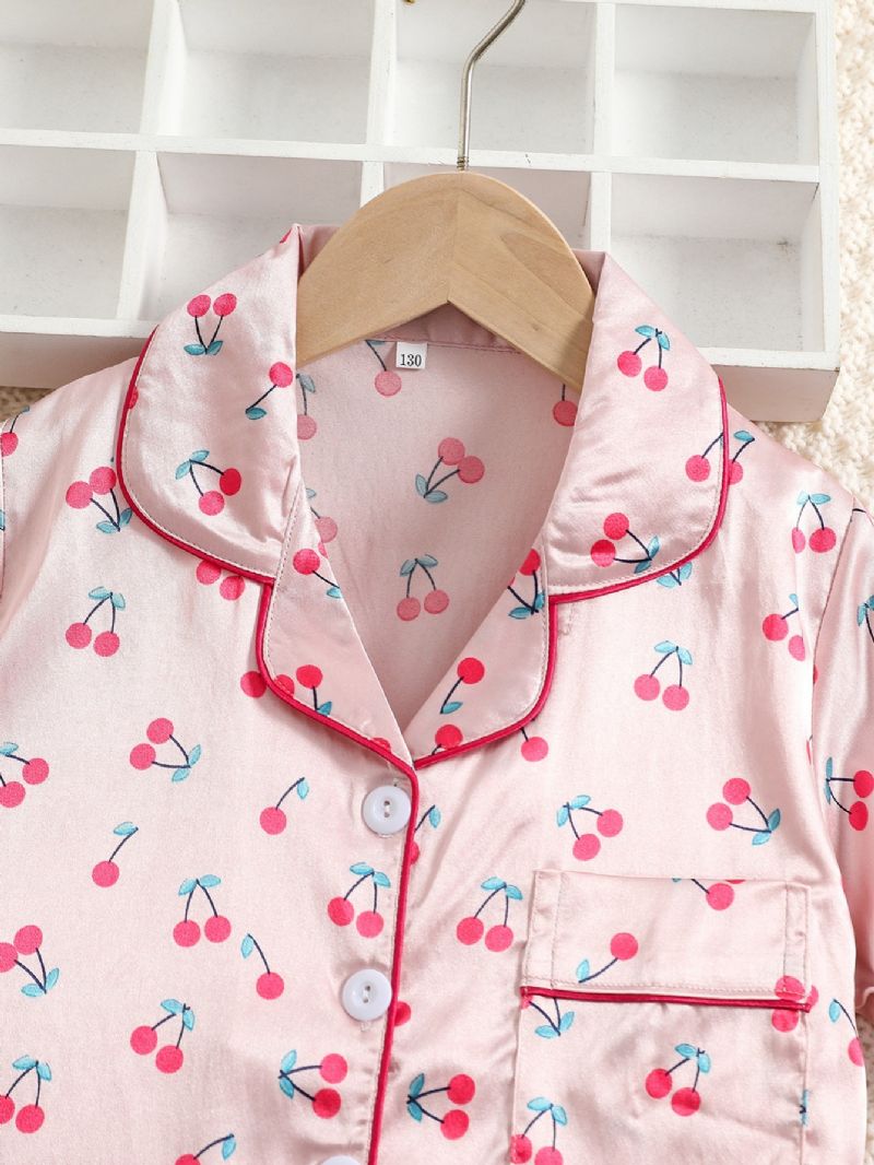 2kpl Tyttöjen Cherry Print Satin Lapel Neck Pyjama Set