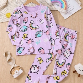 2kpl Tyttöjen Cotton Purple Cat Sarjakuvaprintti Pitkähihainen Pyjama