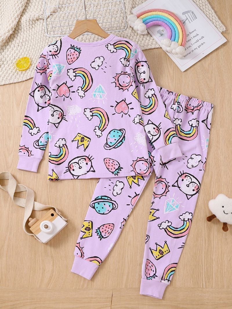 2kpl Tyttöjen Cotton Purple Cat Sarjakuvaprintti Pitkähihainen Pyjama