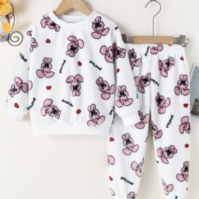 2kpl Tyttöjen Pitkähihaiset Neulehousut Pyjamasetti Söpöllä Love Rabbit Printillä