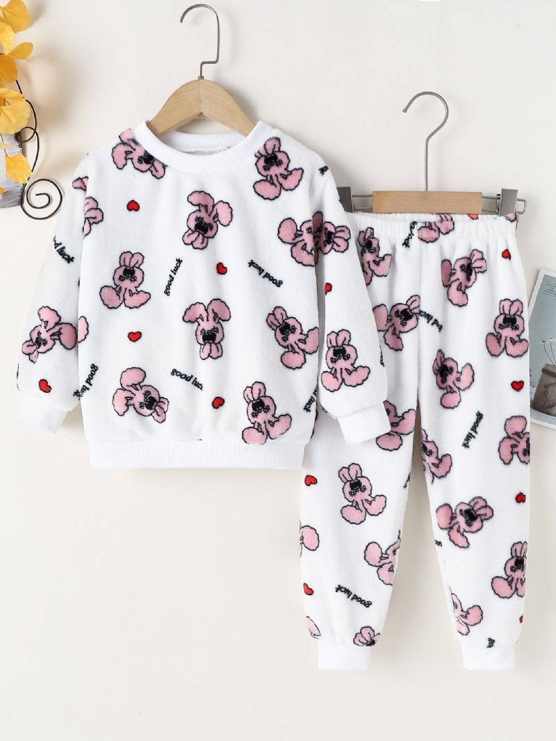 2kpl Tyttöjen Pitkähihaiset Neulehousut Pyjamasetti Söpöllä Love Rabbit Printillä