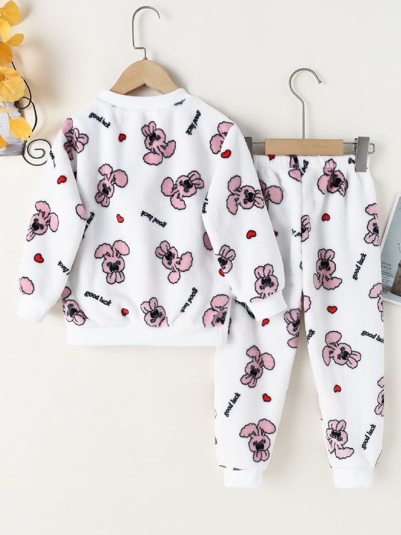 2kpl Tyttöjen Pitkähihaiset Neulehousut Pyjamasetti Söpöllä Love Rabbit Printillä