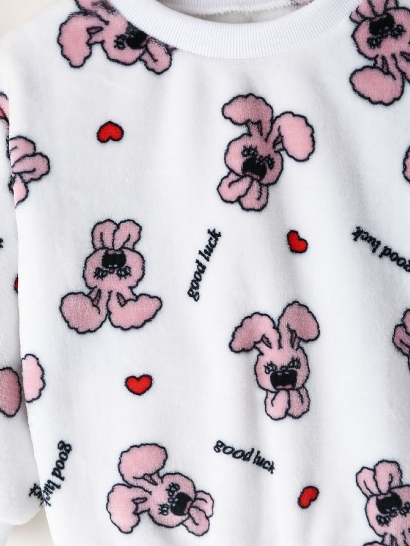 2kpl Tyttöjen Pitkähihaiset Neulehousut Pyjamasetti Söpöllä Love Rabbit Printillä