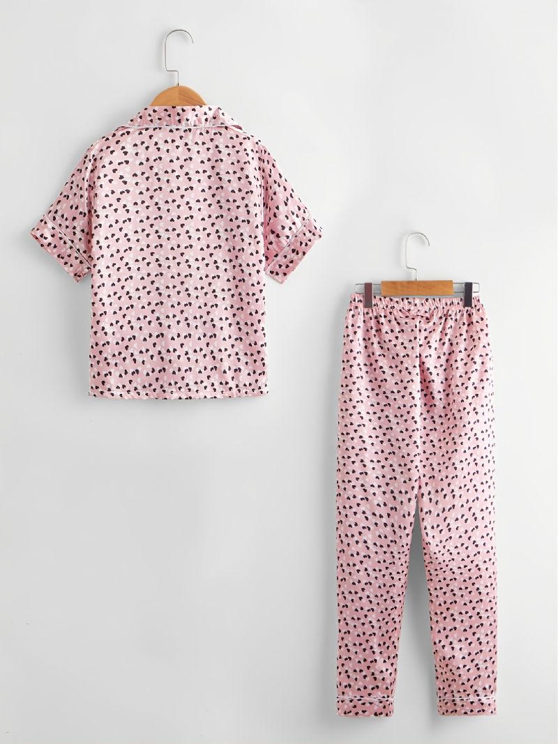 2kpl Tyttöjen Rento Mukava Pinkki Love Lapel Lyhythihaiset Housut Pyjama-setti