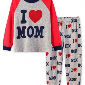 2kpl Tyttöjen Simple Casual Pyjamasetti Pyöreäkauluksiset Pitkähihaiset Topit Ja Housut Joissa On "i Love Mom" Printti Talveksi