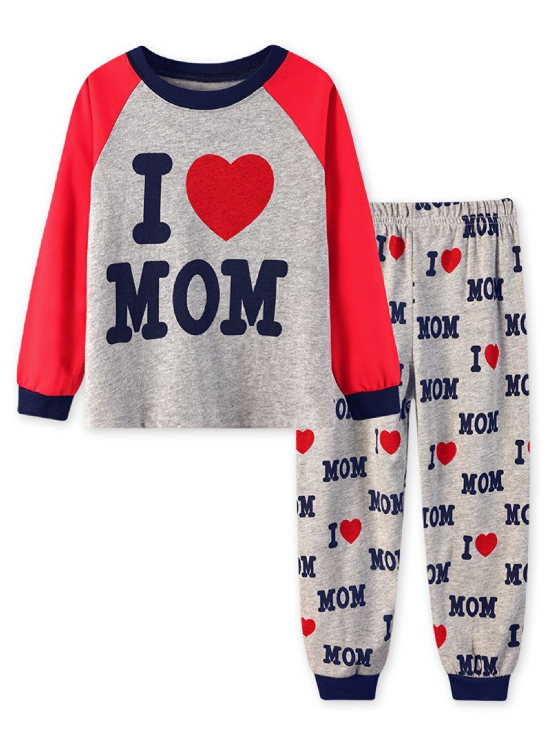 2kpl Tyttöjen Simple Casual Pyjamasetti Pyöreäkauluksiset Pitkähihaiset Topit Ja Housut Joissa On "i Love Mom" Printti Talveksi