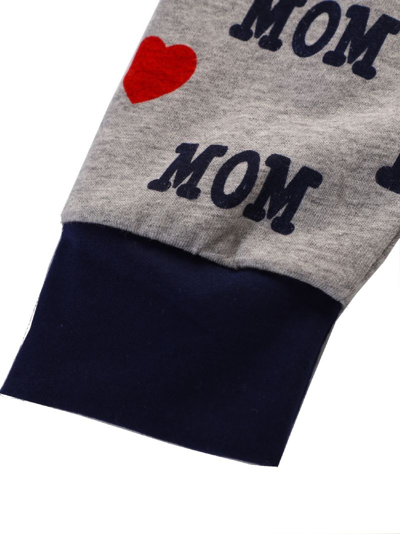 2kpl Tyttöjen Simple Casual Pyjamasetti Pyöreäkauluksiset Pitkähihaiset Topit Ja Housut Joissa On "i Love Mom" Printti Talveksi