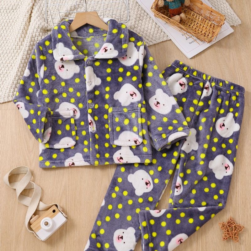 2kpl Uusi Syystalvi Pojille Ja Tytöille Paksunnettu Flanellineuletakki Dot Bear Print Pyjama-setti