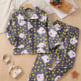 2kpl Uusi Syystalvi Pojille Ja Tytöille Paksunnettu Flanellineuletakki Dot Bear Print Pyjama-setti