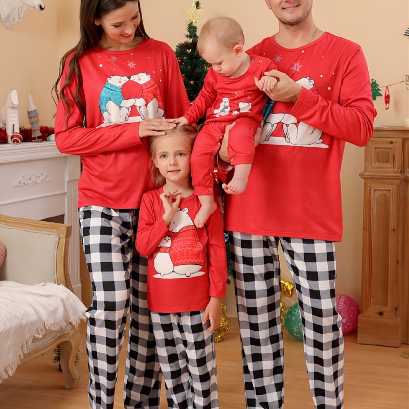 Joulun Uudet Lastenjuhlat Sarjakuva Karhu Punainen Pyöreä Pääntie Musta Ruudullinen Housut Pyjama-setti