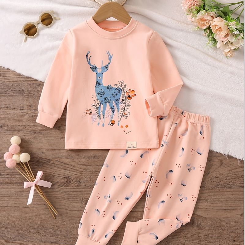 Lasten Pyjamat Söpö Blue Deer Print Pyöreäpääntie Pitkähihainen Toppi & Housutsetti Tytöille