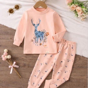 Lasten Pyjamat Söpö Blue Deer Print Pyöreäpääntie Pitkähihainen Toppi & Housutsetti Tytöille