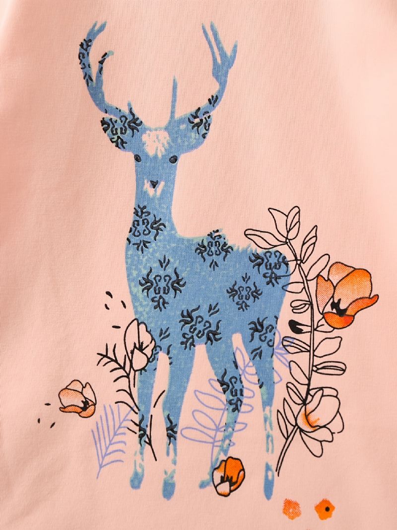 Lasten Pyjamat Söpö Blue Deer Print Pyöreäpääntie Pitkähihainen Toppi & Housutsetti Tytöille