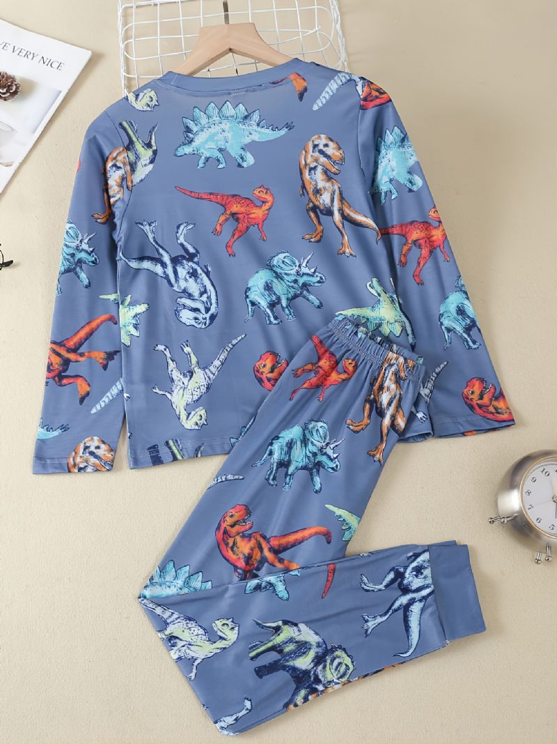 Lasten Rento Söpö Sarjakuva Dinosauruksella Painettu Pyöreä Kaula Pitkähihaiset Housut Pyjama-setti