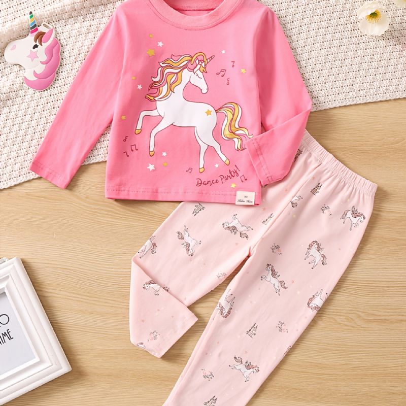 Lasten Söpö Unicorn Print Crew Neck Top Pitkähihaiset Housut Pyjama-setti