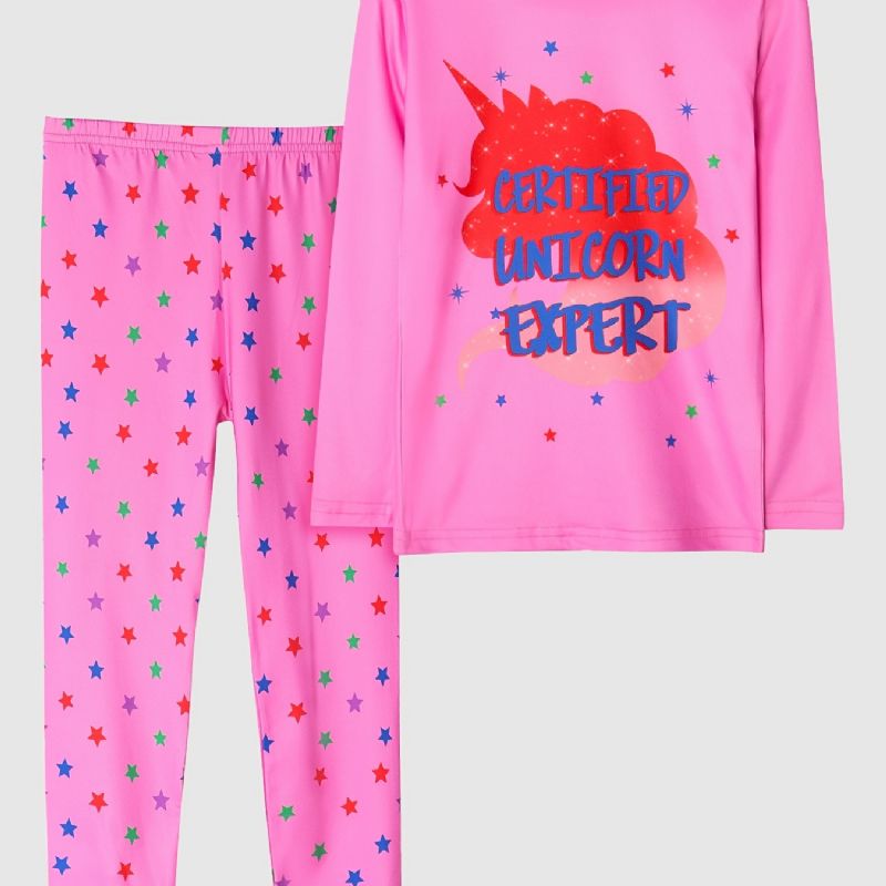 Lasten Tytöille Pyjama Pinkki Unicorn Print Pyöreä Pääntie Pitkähihaiset Housut