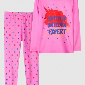 Lasten Tytöille Pyjama Pinkki Unicorn Print Pyöreä Pääntie Pitkähihaiset Housut