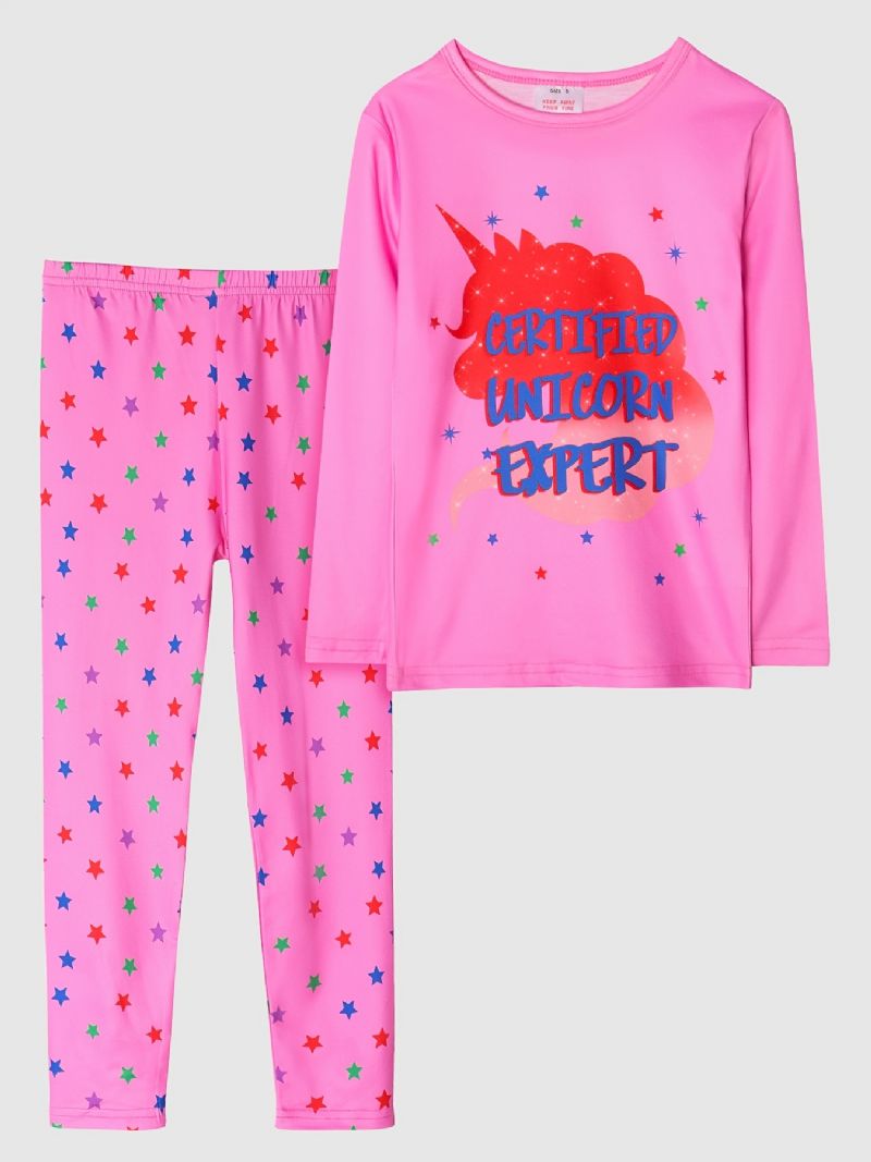 Lasten Tytöille Pyjama Pinkki Unicorn Print Pyöreä Pääntie Pitkähihaiset Housut