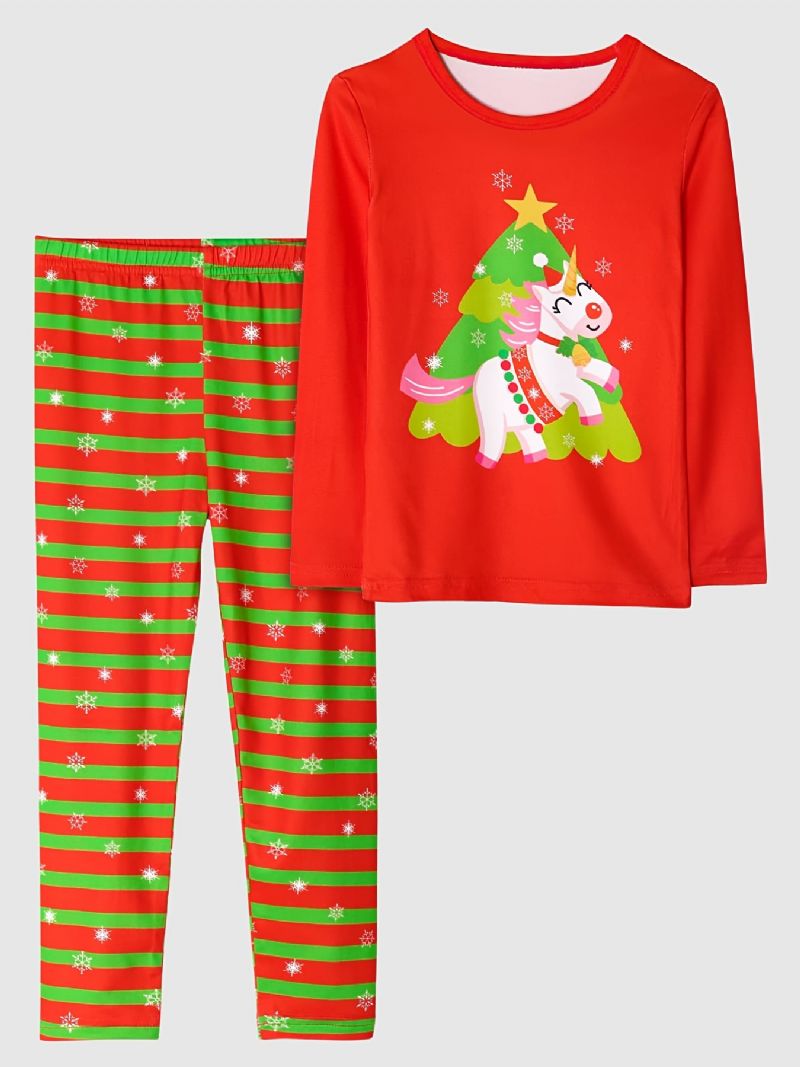 Lasten Tyttöjen Pyjamat Joulukuusiprintti Unicorn Pyöreäpääntie Pitkähihainen Toppi & Raidallinen Housusarja