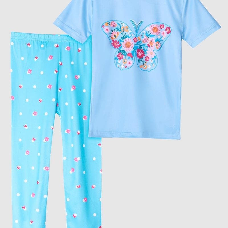 Lasten Tyttöjen Pyjamat Sininen Butterfly Print Pyöreäkaula-aukoinen Lyhythihainen Toppi & Housut Vaatesetti
