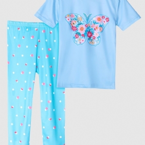 Lasten Tyttöjen Pyjamat Sininen Butterfly Print Pyöreäkaula-aukoinen Lyhythihainen Toppi & Housut Vaatesetti