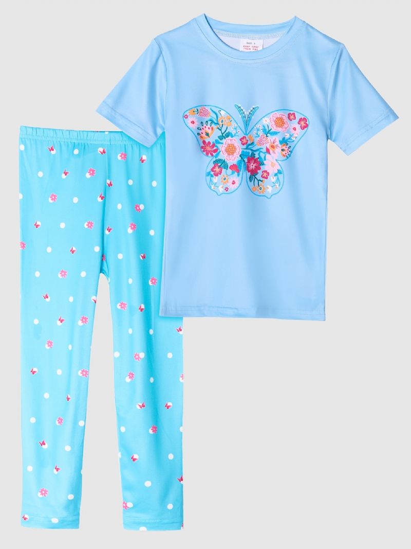 Lasten Tyttöjen Pyjamat Sininen Butterfly Print Pyöreäkaula-aukoinen Lyhythihainen Toppi & Housut Vaatesetti