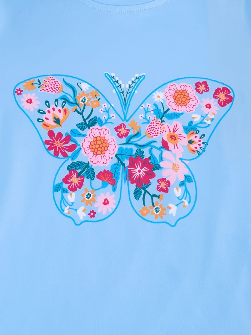 Lasten Tyttöjen Pyjamat Sininen Butterfly Print Pyöreäkaula-aukoinen Lyhythihainen Toppi & Housut Vaatesetti