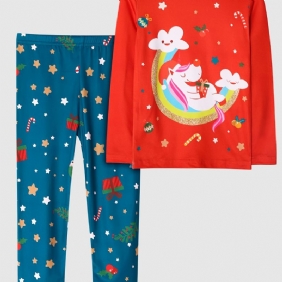 Lasten Tyttöjen Pyjamat Unicorn Moon Print Pyöreäpääntie Pitkähihainen Toppi & Housut