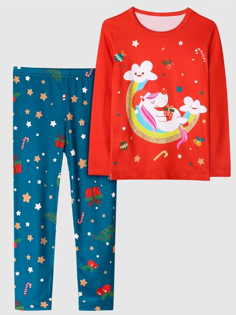 Lasten Tyttöjen Pyjamat Unicorn Moon Print Pyöreäpääntie Pitkähihainen Toppi & Housut