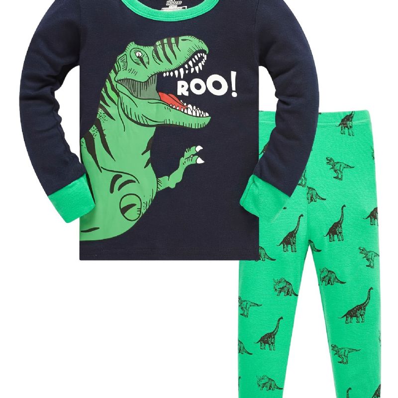 Poikien Lounge Wear Homewear Pitkähihainen Toppi Ja Yhteensopivat Housut Joissa On Sarjakuva-dinosauruskuvioinen Pyjamasetti