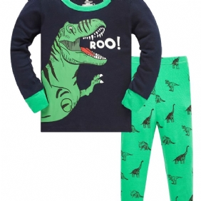 Poikien Lounge Wear Homewear Pitkähihainen Toppi Ja Yhteensopivat Housut Joissa On Sarjakuva-dinosauruskuvioinen Pyjamasetti