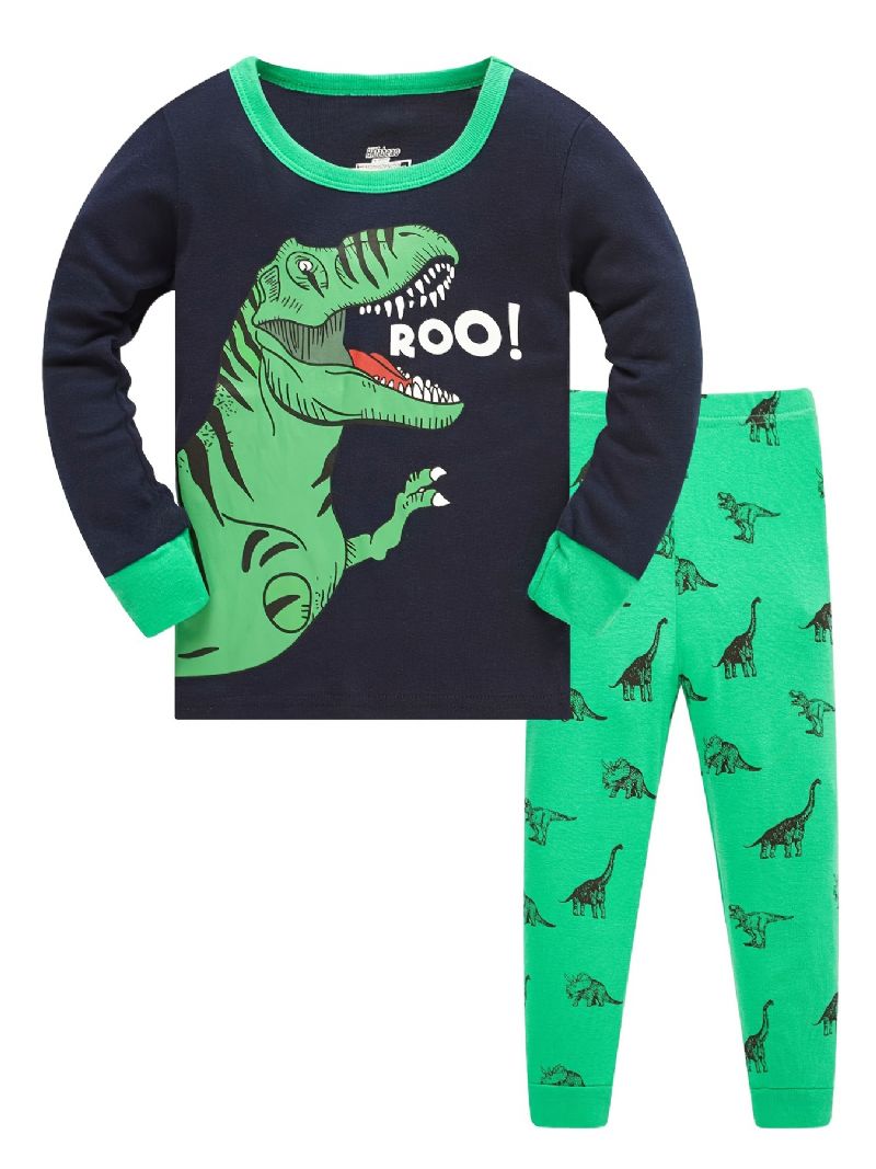 Poikien Lounge Wear Homewear Pitkähihainen Toppi Ja Yhteensopivat Housut Joissa On Sarjakuva-dinosauruskuvioinen Pyjamasetti