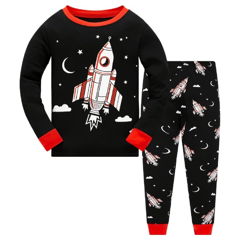 Poikien Pyjamat Rocket Print Pimeässä Hohtava Pyöreäkaula-aukkoinen Pitkähihainen Toppi Ja Housut