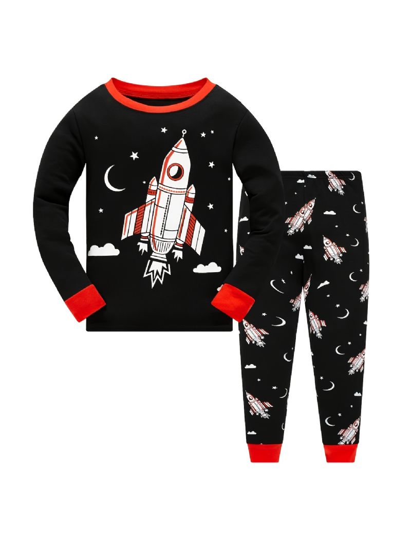 Poikien Pyjamat Rocket Print Pimeässä Hohtava Pyöreäkaula-aukkoinen Pitkähihainen Toppi Ja Housut