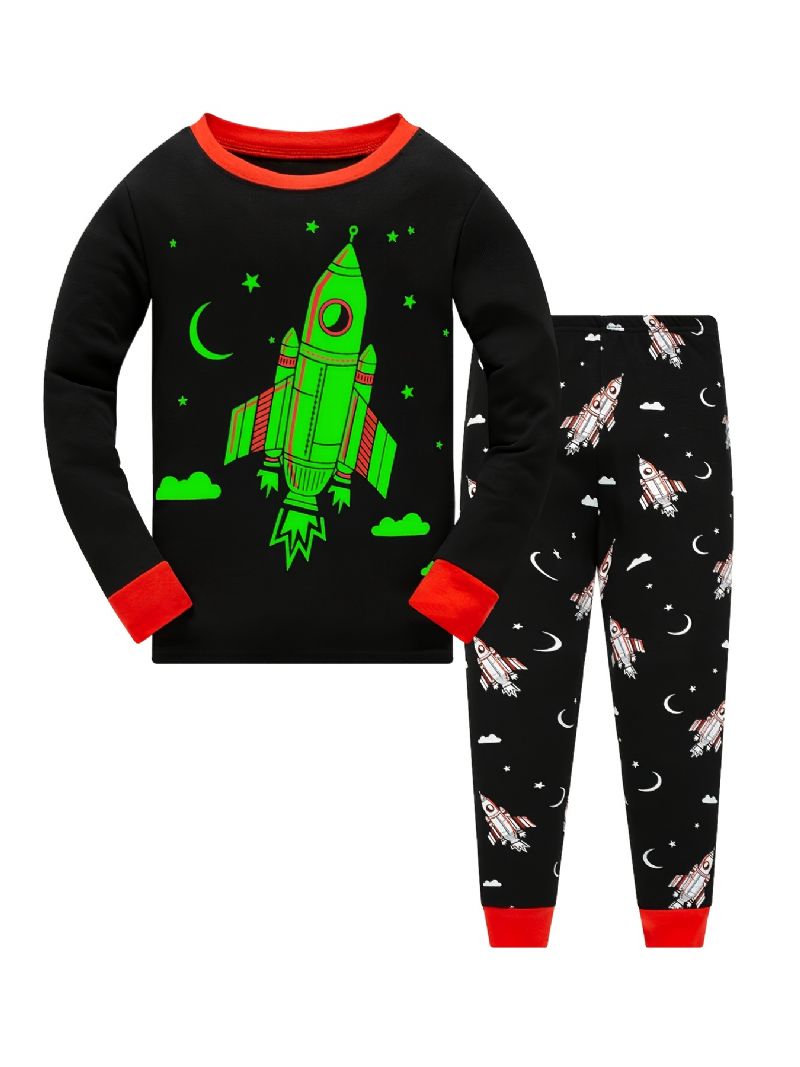 Poikien Pyjamat Rocket Print Pimeässä Hohtava Pyöreäkaula-aukkoinen Pitkähihainen Toppi Ja Housut