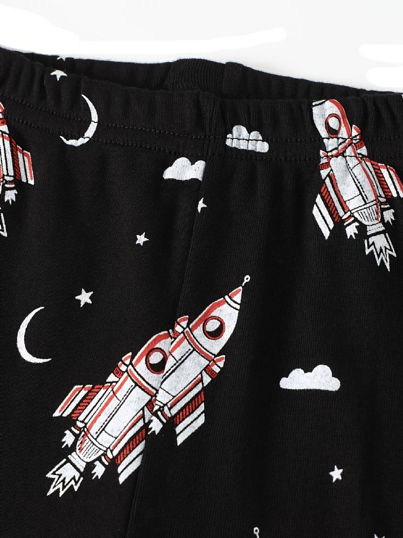 Poikien Pyjamat Rocket Print Pimeässä Hohtava Pyöreäkaula-aukkoinen Pitkähihainen Toppi Ja Housut