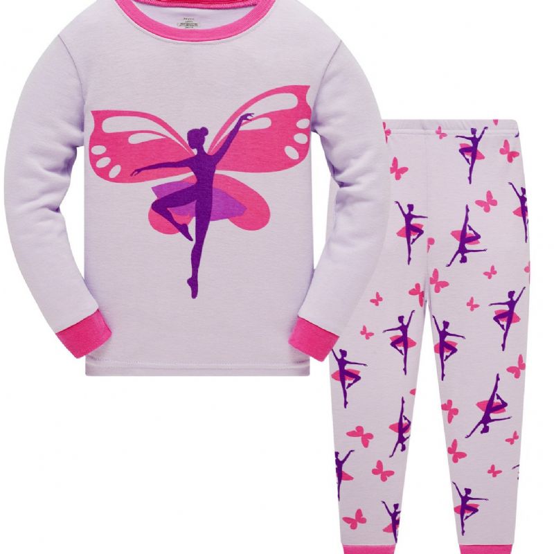 Popshion 2 Kpl Tyttöjen Butterfly Dancer Sarjakuva Kontrastivärinen Toppi & Pyjama Housut Setti