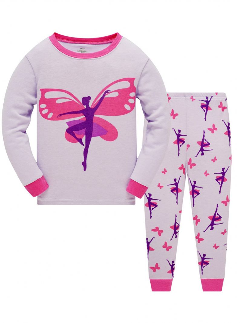 Popshion 2 Kpl Tyttöjen Butterfly Dancer Sarjakuva Kontrastivärinen Toppi & Pyjama Housut Setti