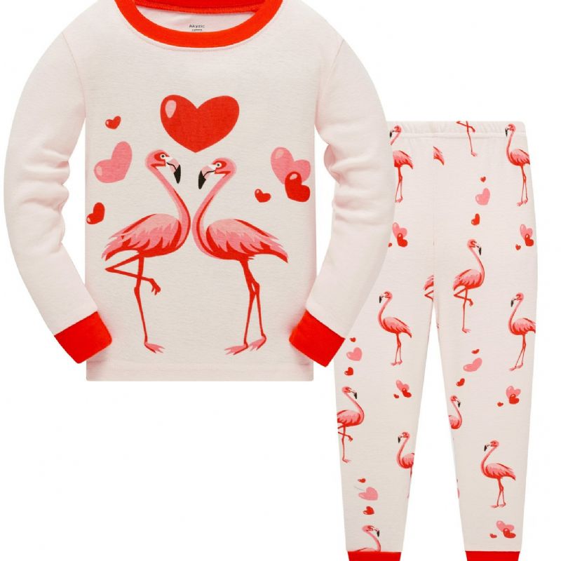 Popshion 2 Kpl Tyttöjen Söpö Flamingo Sarjakuva Eläintoppi & Kontrastikoristeinen Pyjamahoususarja