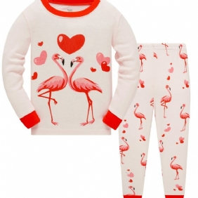 Popshion 2 Kpl Tyttöjen Söpö Flamingo Sarjakuva Eläintoppi & Kontrastikoristeinen Pyjamahoususarja