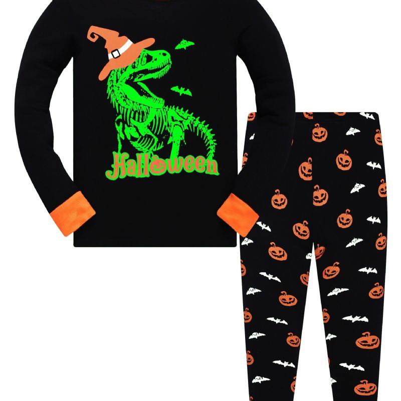 Popshion 2kpl Poikien Halloween Loisteputkisarjakuva Dinosauruksen Hehkuva Luuranko Bones Pitkähihainen Pyjama Puuvillapuku