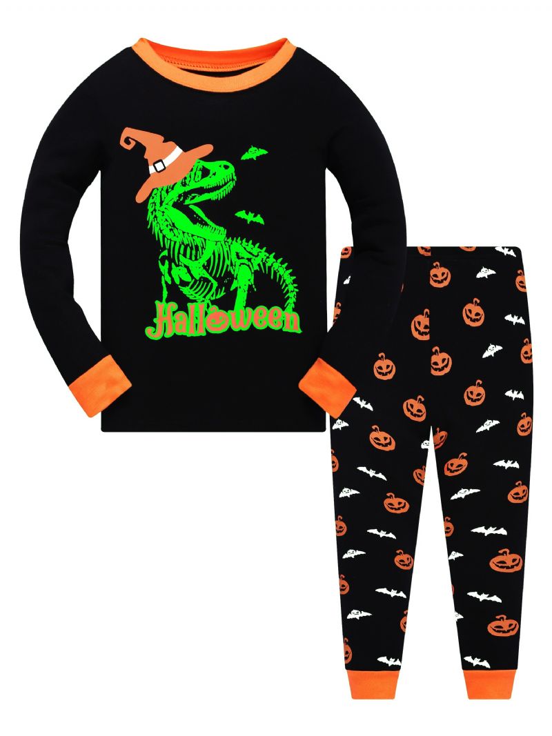 Popshion 2kpl Poikien Halloween Loisteputkisarjakuva Dinosauruksen Hehkuva Luuranko Bones Pitkähihainen Pyjama Puuvillapuku