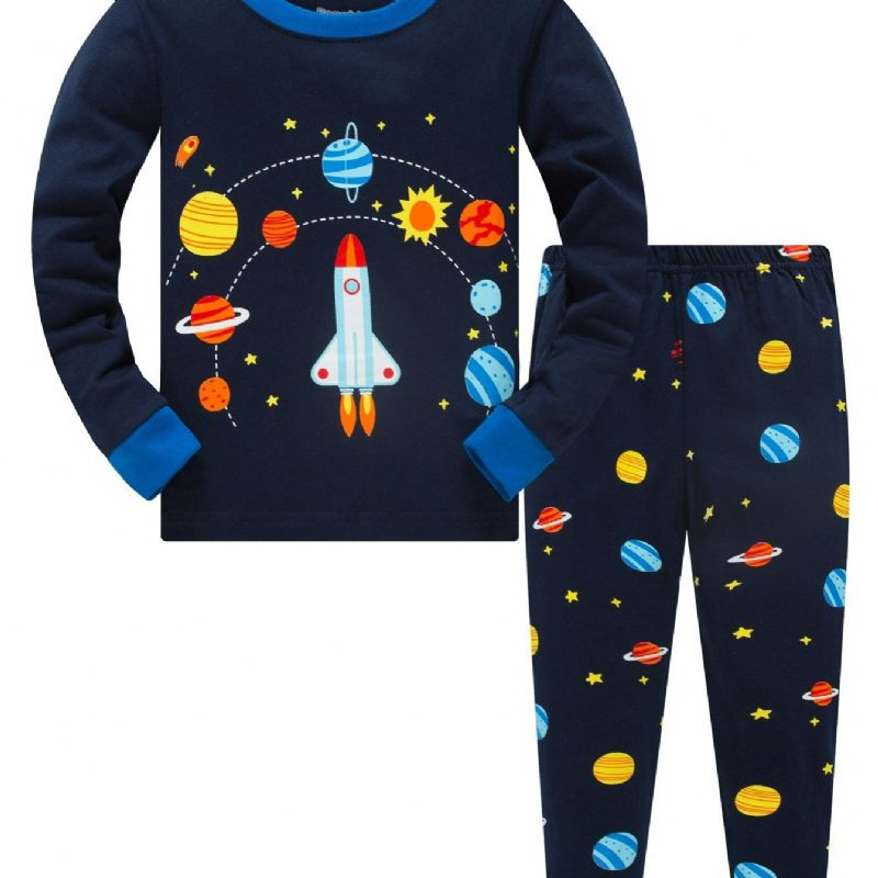 Popshion 2kpl Poikien Rocket Astronaut Star Universe Planet Pitkähihainen Pyjamapuku