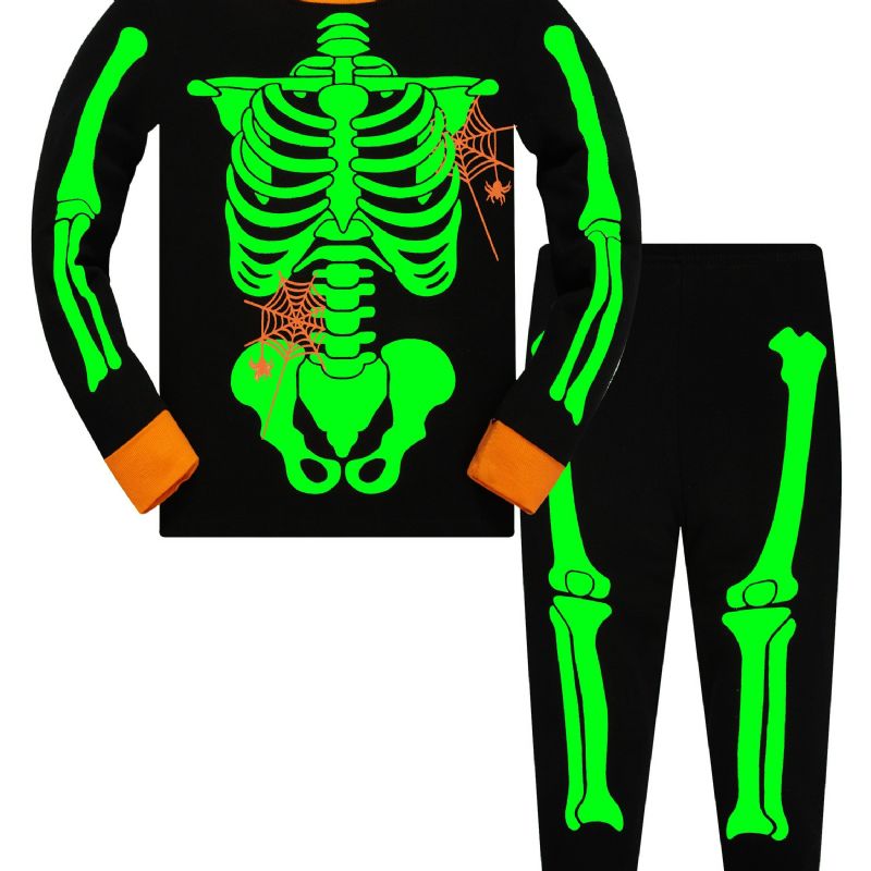 Popshion 2kpl Taaperoiden Lasten Pyjamat Hehkuvat Pimeässä Halloween Skeleton Puuvillainen Yöpukusetti Pojille Fluoresoiva Elf Skull Hämähäkkiverkko Pitkähihainen Pyjama Puku